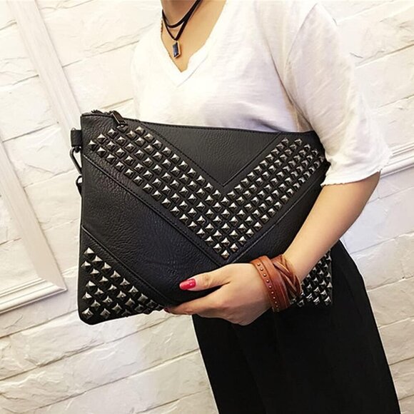 ✨Nigedu Women Black Oversized Leather Clutch Studded Wristlet Envelope Handbag - Picture 2 of 6